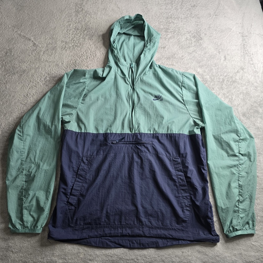 Nike SB Anorak Jacket Mens Large Green Navy Packable 1/2 Zip Hooded AO0296-362